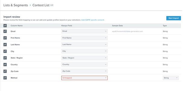 List import page with fully mapped fields and Start Import in upper right