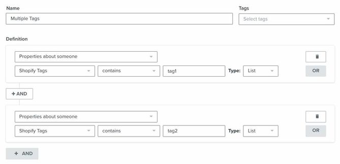 Klaviyo segment builder showing segment defined by Shopify tags contains tag1 and Shopify tags contains tag2