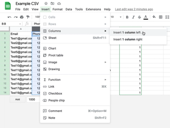 Option to insert 1 column to the left of the highlighted column