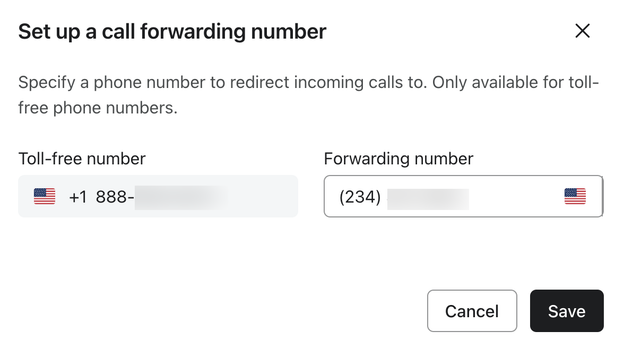 Modal to forward your toll-free number to another phone number