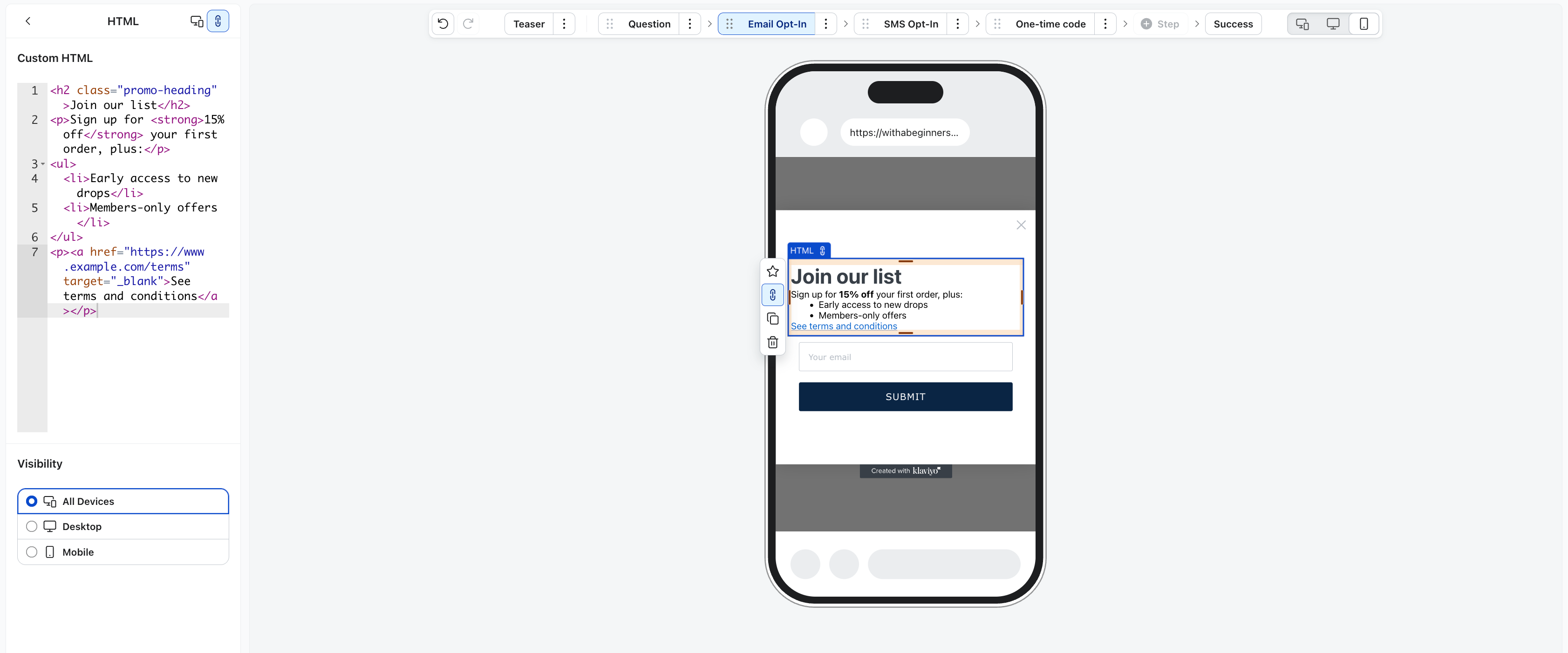 HTML code for a "Join our list" email form displayed next to its mobile phone preview.