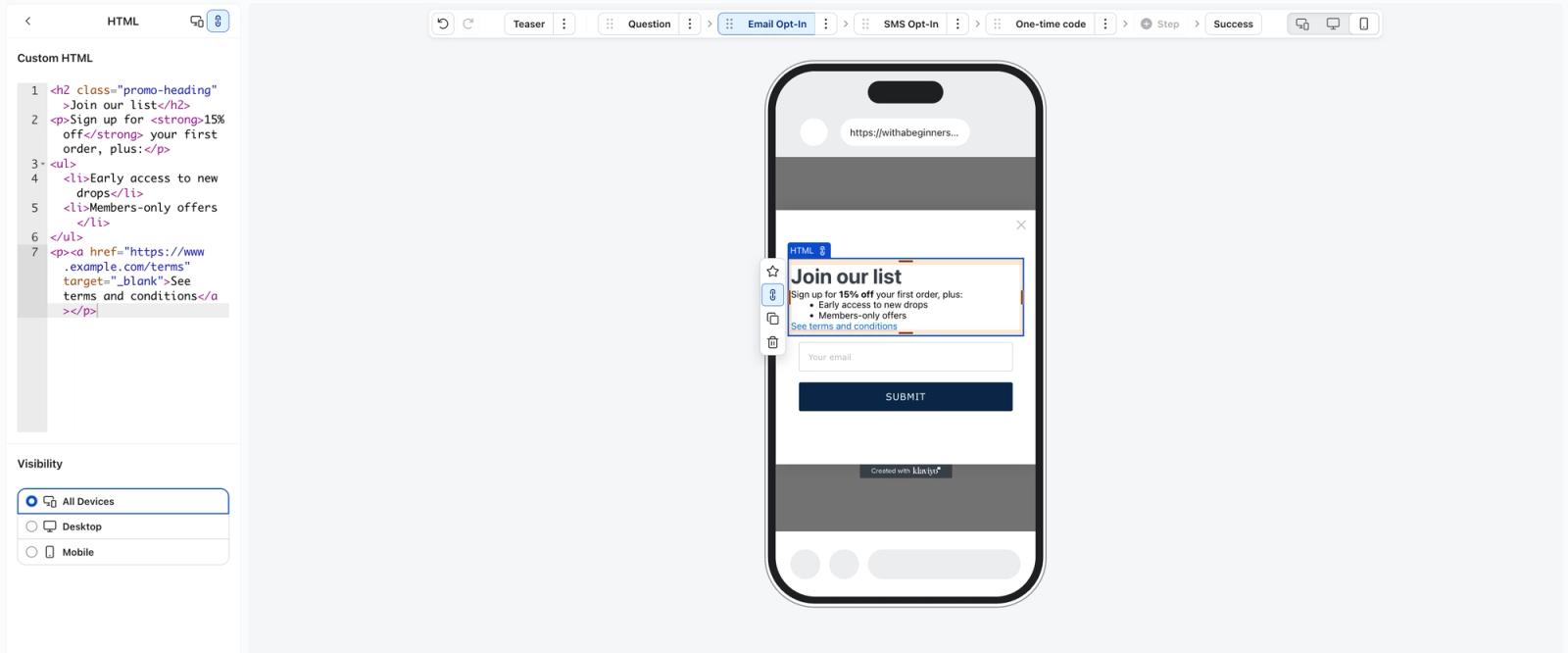 HTML code for a "Join our list" email form displayed next to its mobile phone preview.