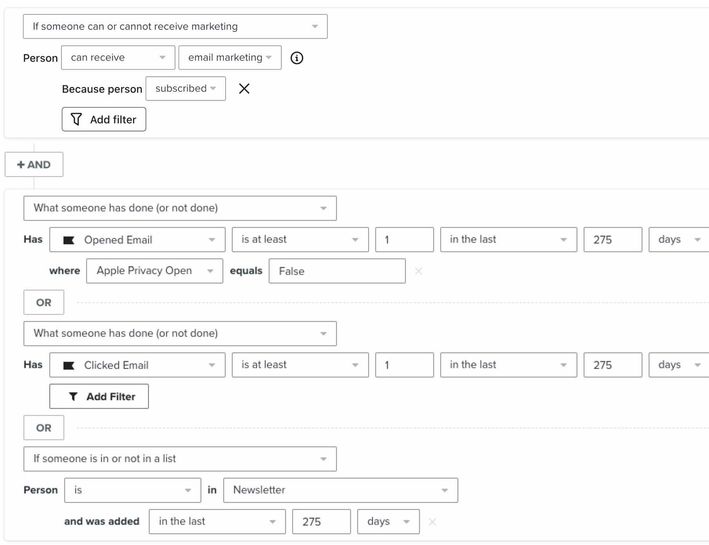 Subscribers who have opened, clicked, been added to your newsletter list in the last 275 days.