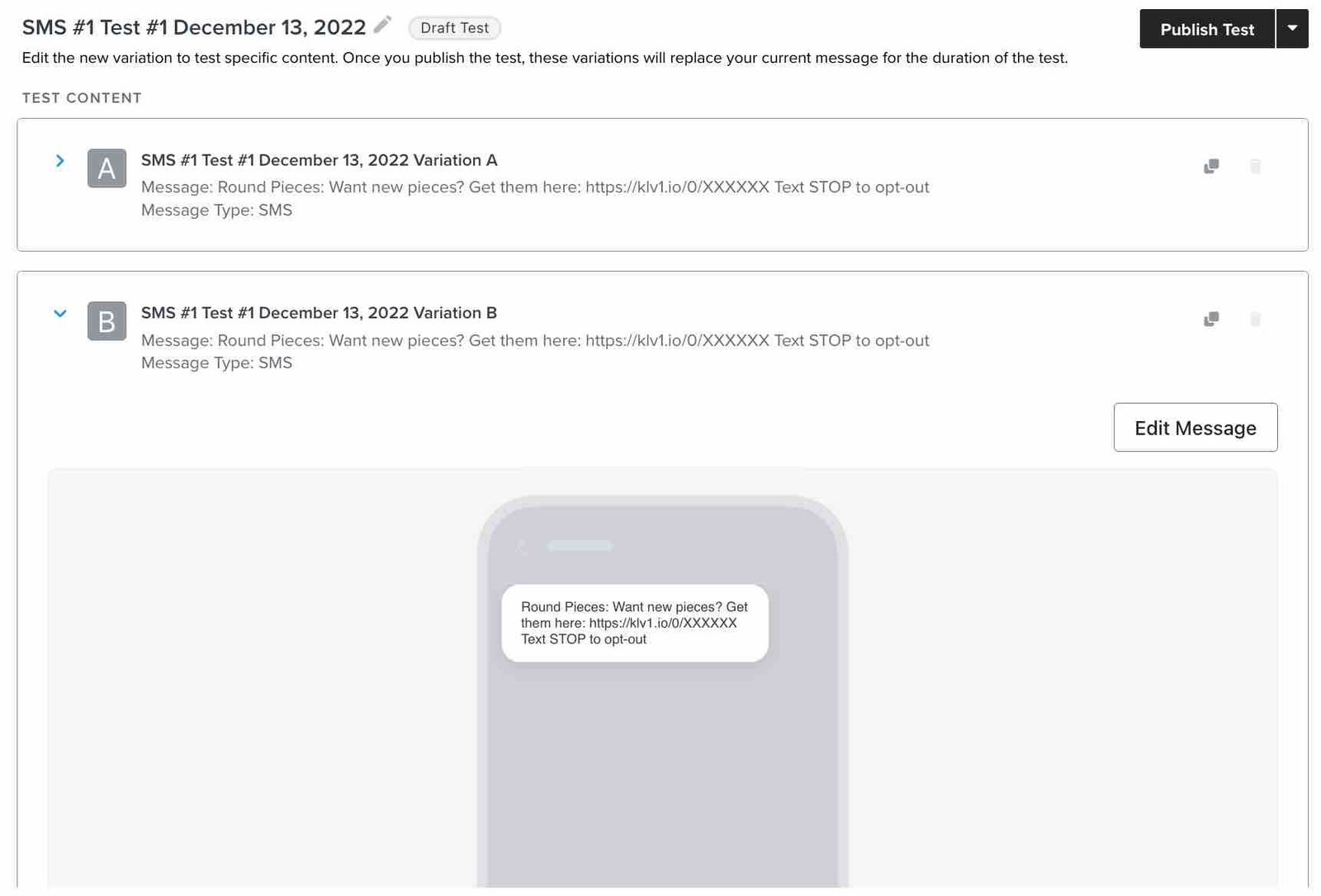 A/B test settings screen, where you can edit a variation