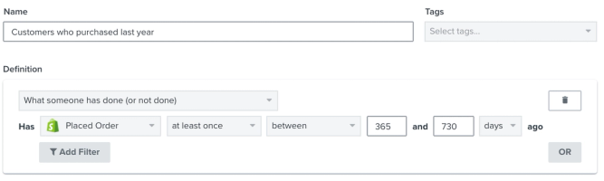 Example segment with profiles that placed order at least once between 365 and 730 days 
