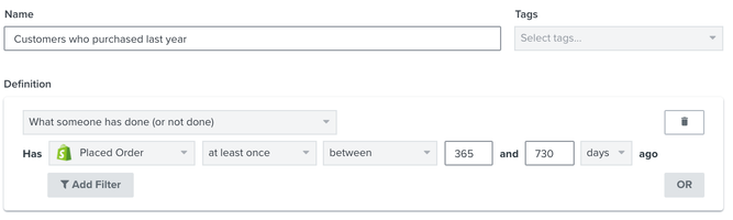 Example segment with profiles that placed order at least once between 365 and 730 days 