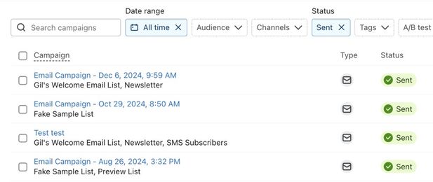 Campaign list filtered to show sent email campaigns with green sent status indicators
