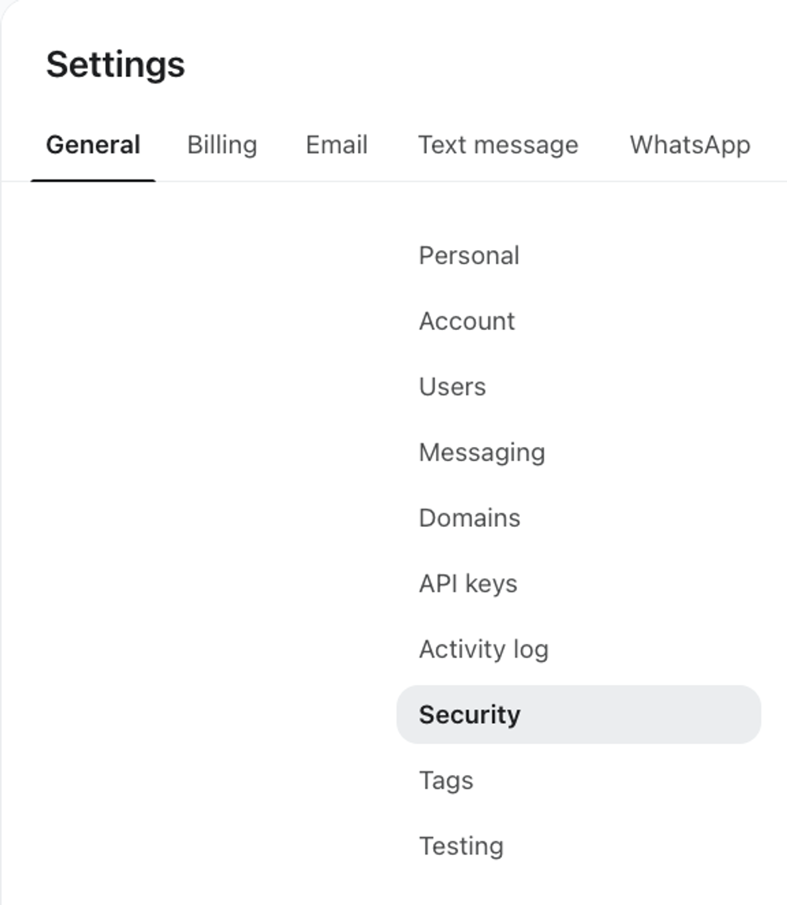 A settings menu with "General" tab active and "Security" highlighted in the sub-menu.