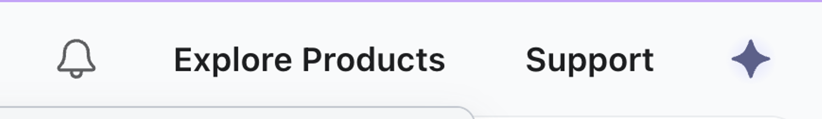 Navigation bar with a bell icon, "Explore Products," "Support," and a sparkle icon.