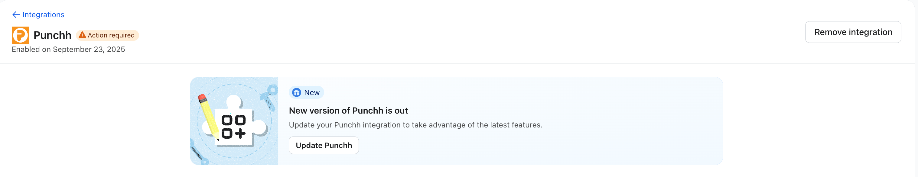 Punchh integration page showing an "Action required" warning and a banner prompting to "Update Punchh" to a new version.