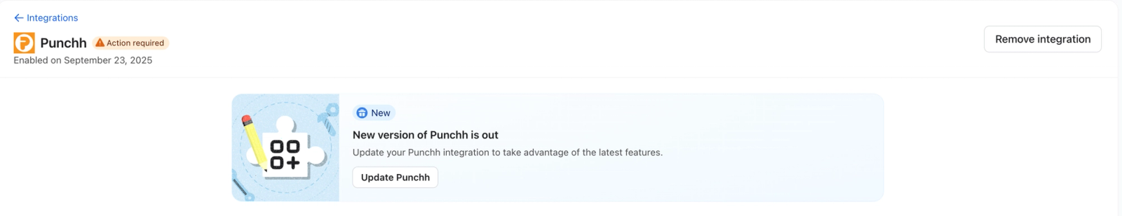 Punchh integration page showing an "Action required" warning and a banner prompting to "Update Punchh" to a new version.