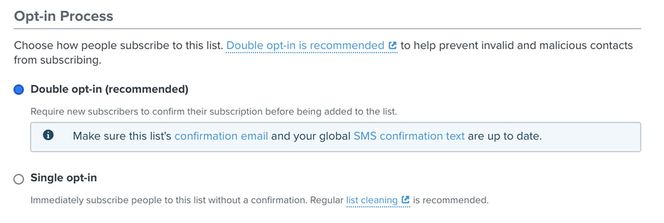 Opt in settings showing double opt-in toggled on