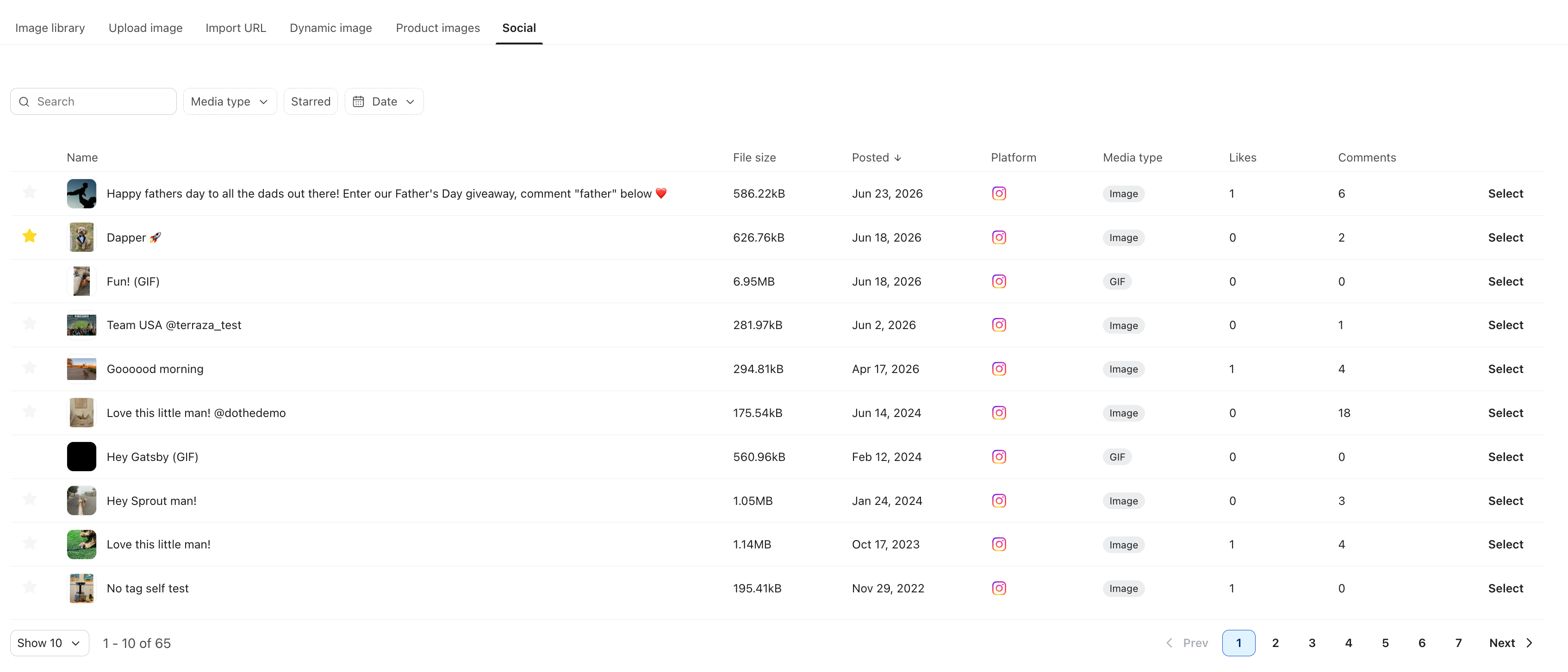 Table of Instagram social media posts displaying name, file size, posted date, media type, likes, and comments.