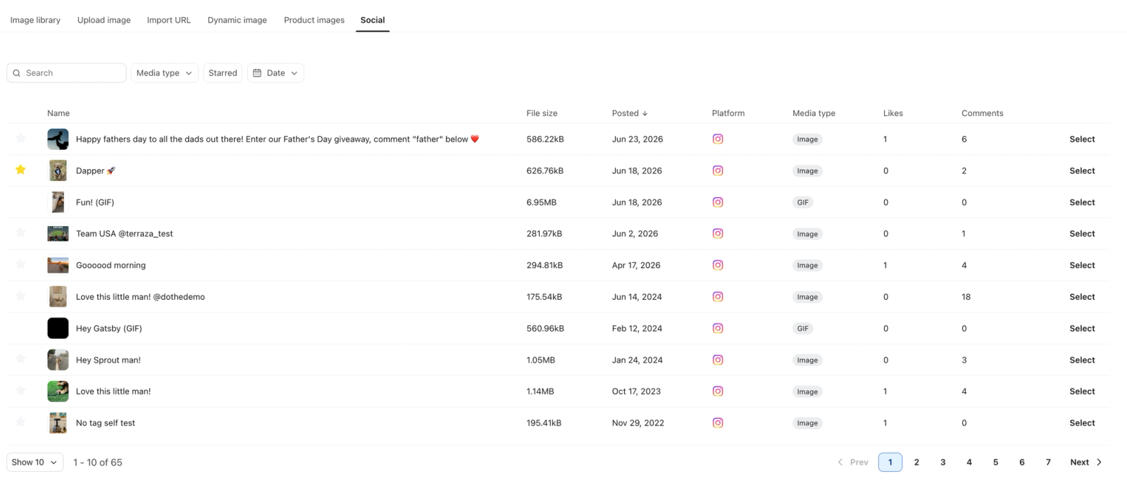 Table of Instagram social media posts displaying name, file size, posted date, media type, likes, and comments.