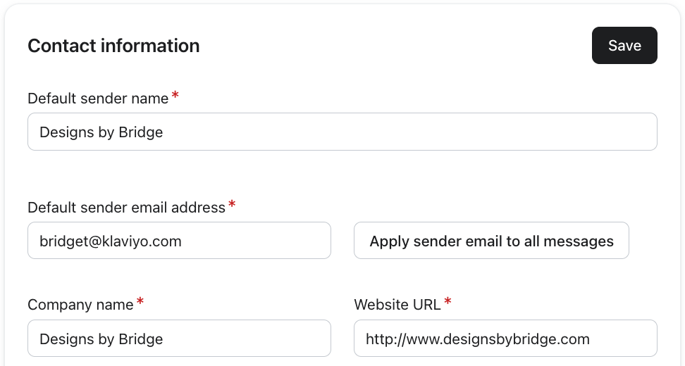 A contact information form with fields like default sender name, email address, company name, and website URL, all pre-filled, and a "Save" button.