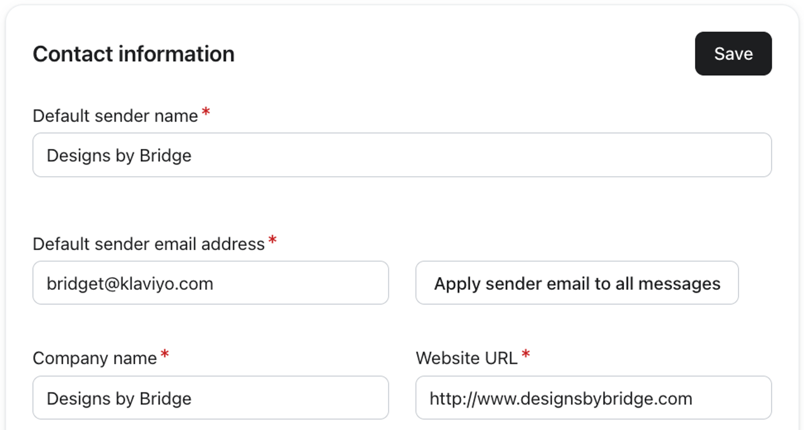 A contact information form with fields like default sender name, email address, company name, and website URL, all pre-filled, and a "Save" button.