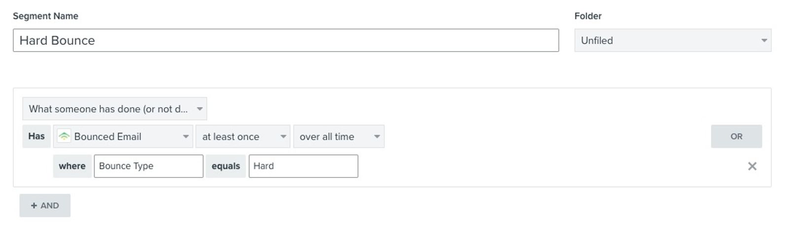Klaviyo segment showing conditions to identify all profiles that hard bounced
