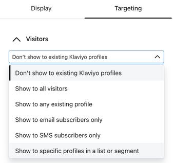 The Visitors section of the Targeting menu with the dropdown open showing all the options for targeting by visitor criteria.