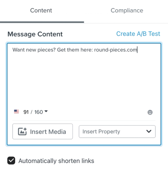 Message creation screen, showing the A/B test option