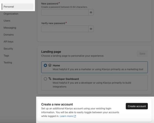 The Personal tab where the Create a new account section is highlighted