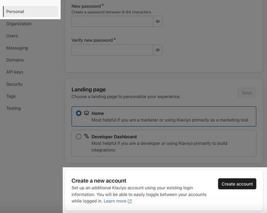 The Personal tab where the Create a new account section is highlighted