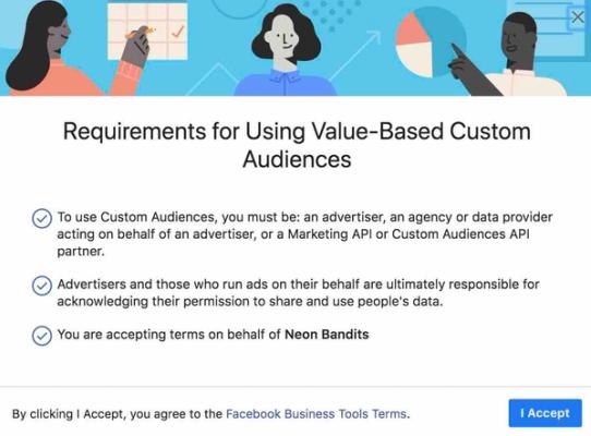 Requirements for using value-based custom audiences agreement in Facebook with I Accept at the bottom with dark blue background
