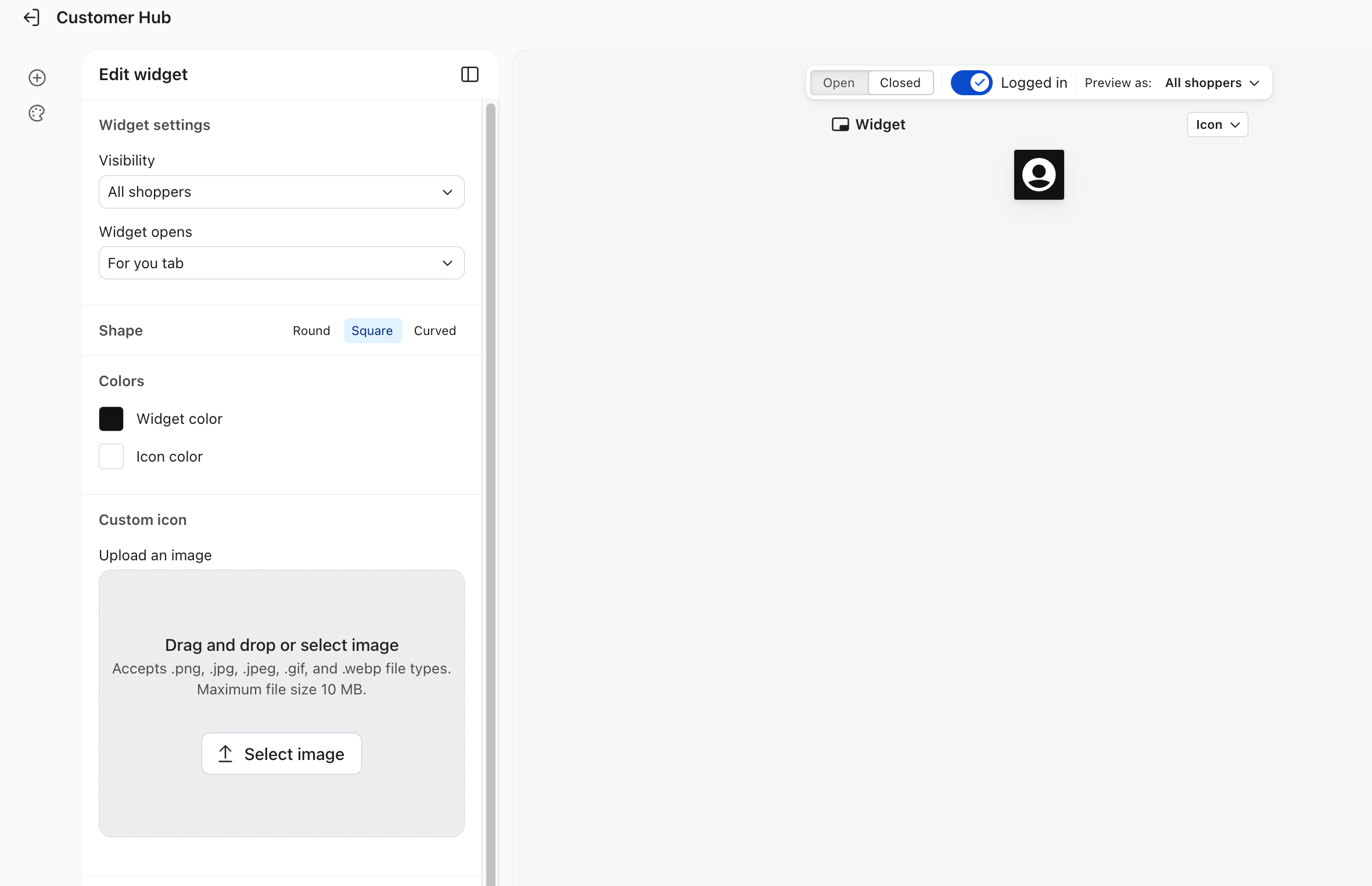 Customer Hub widget customization interface, showing settings for shape, color, and icon, with a preview of a square black widget featuring a white person icon.