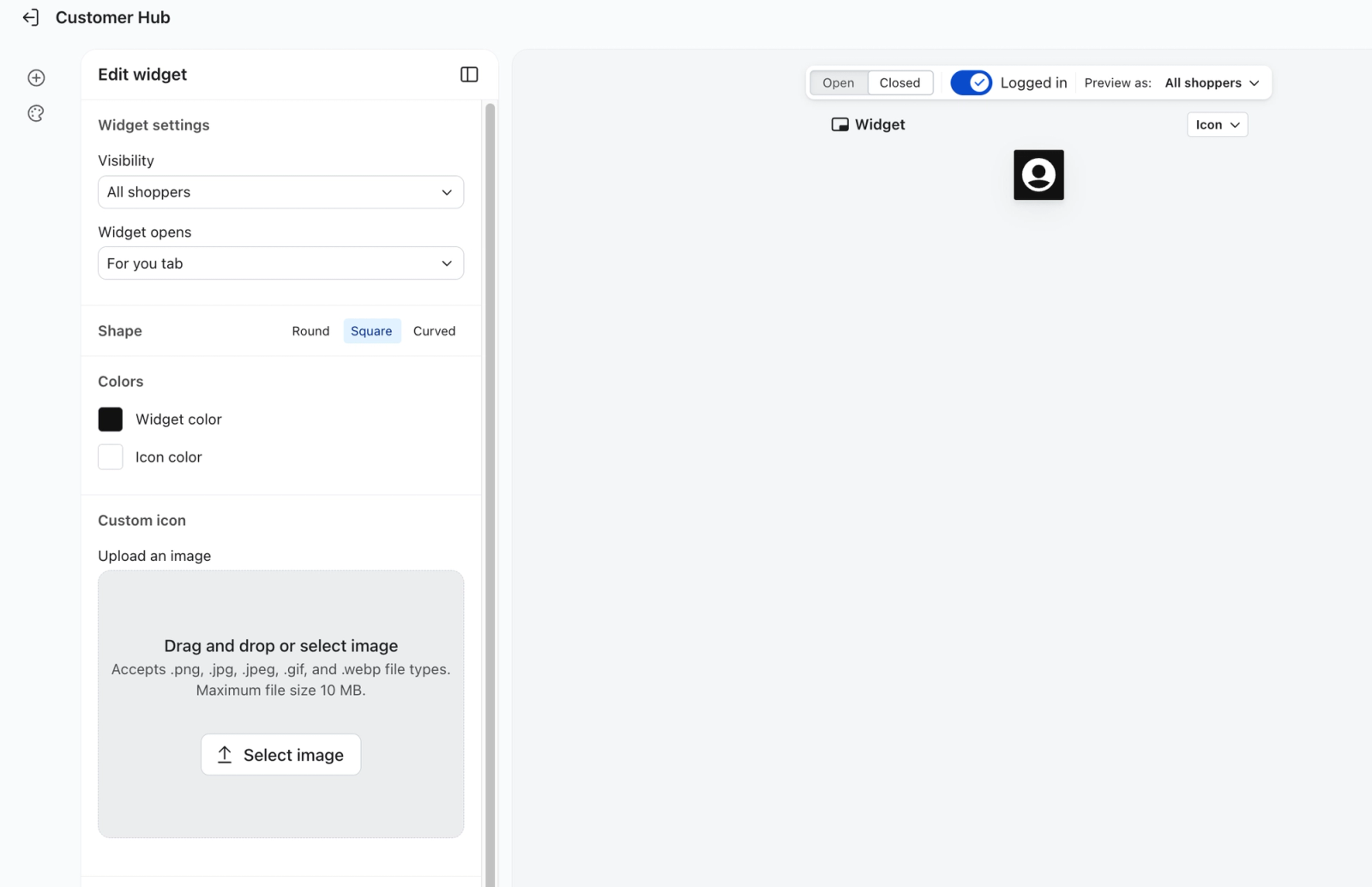 Customer Hub widget customization interface, showing settings for shape, color, and icon, with a preview of a square black widget featuring a white person icon.