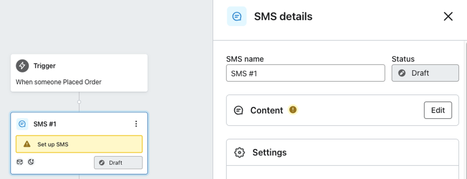 Sidebar for a new SMS message in a flow