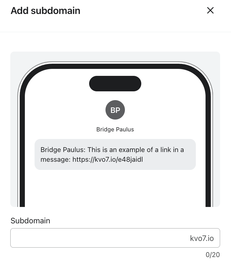 Settings interface for adding a Klaviyo branded link showing a modal with fields for root domain and subdomain