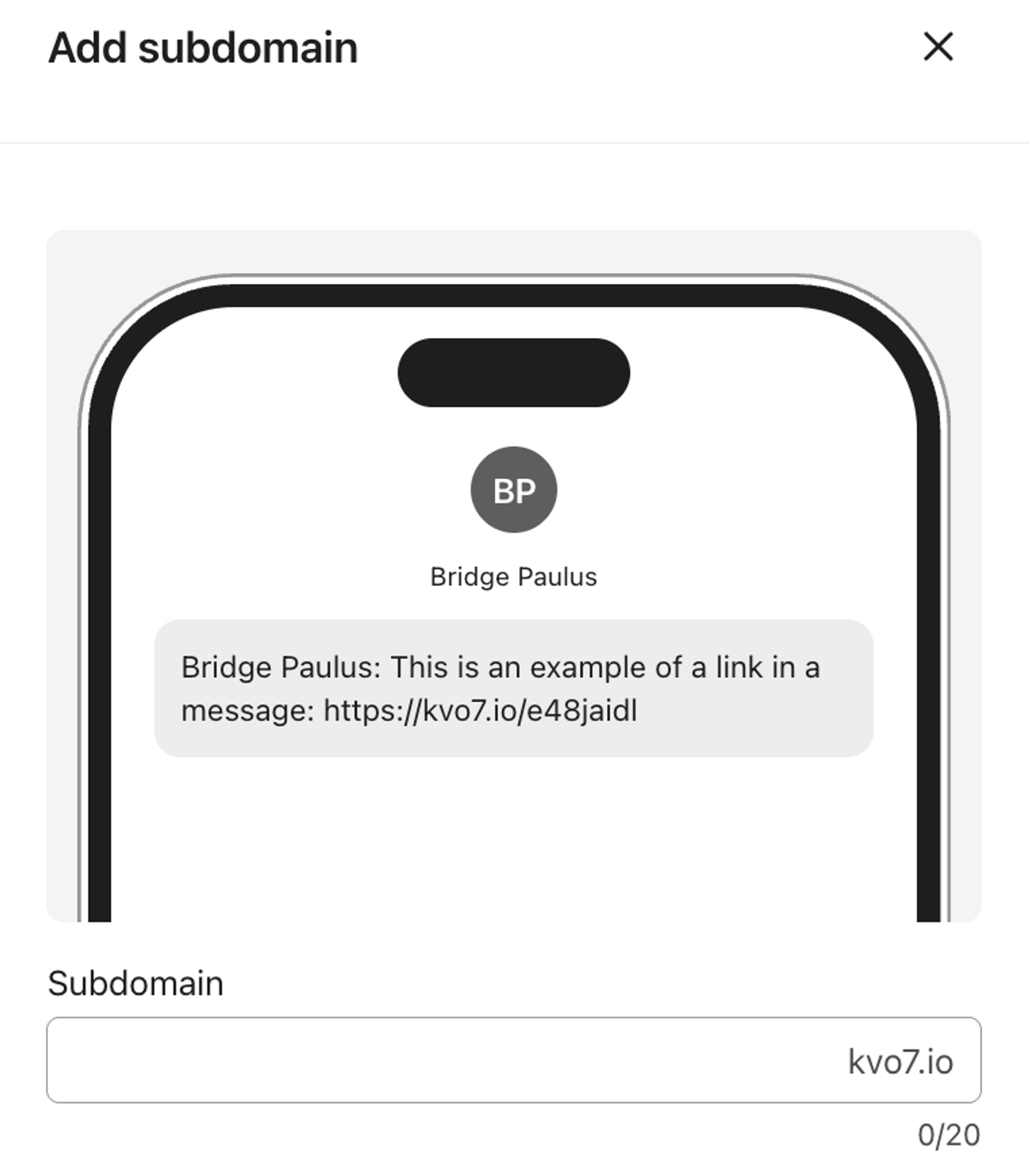 Settings interface for adding a Klaviyo branded link showing a modal with fields for root domain and subdomain