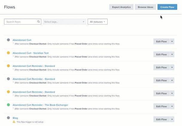 View of the flows list page with draft, live, and manual flows below