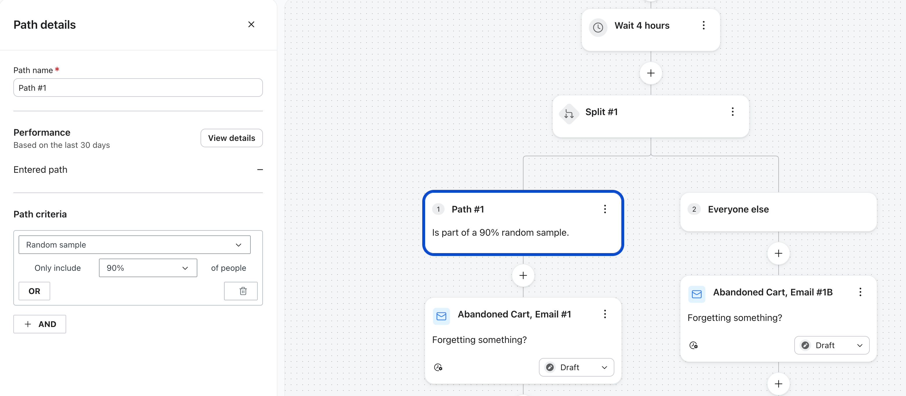 User interface showing a journey builder with a split condition, where "Path #1" is set to include 90% of a random sample.