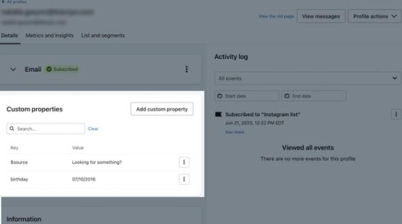 The custom properties section highlighted on an individual profile page.