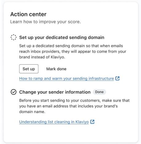 Action center on deliverability hub