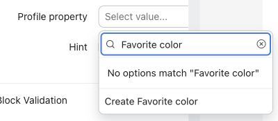 The Profile property dropdown showing a search for Favorite color and the Create Favorite color choice.
