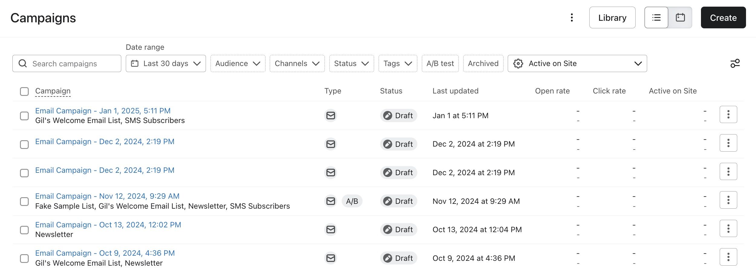 Campaigns dashboard with filters and email campaign list showing draft status, dates, and other information.