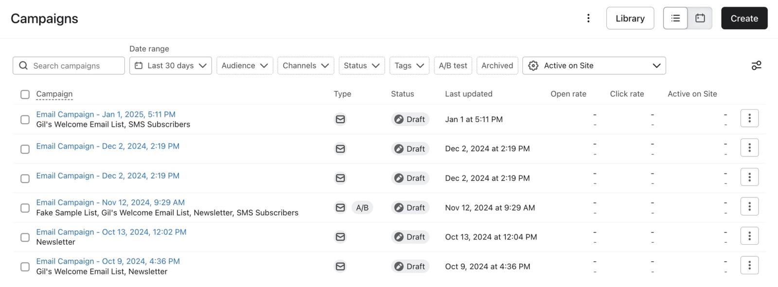 Campaigns dashboard with filters and email campaign list showing draft status, dates, and other information.