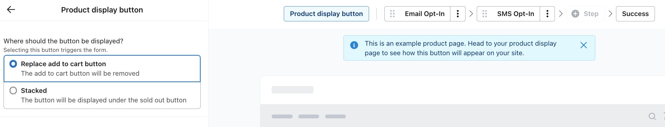 Product display button settings with options to replace or stack the 
