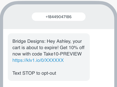 Example of an abandoned cart flow message that includes a 10% coupon