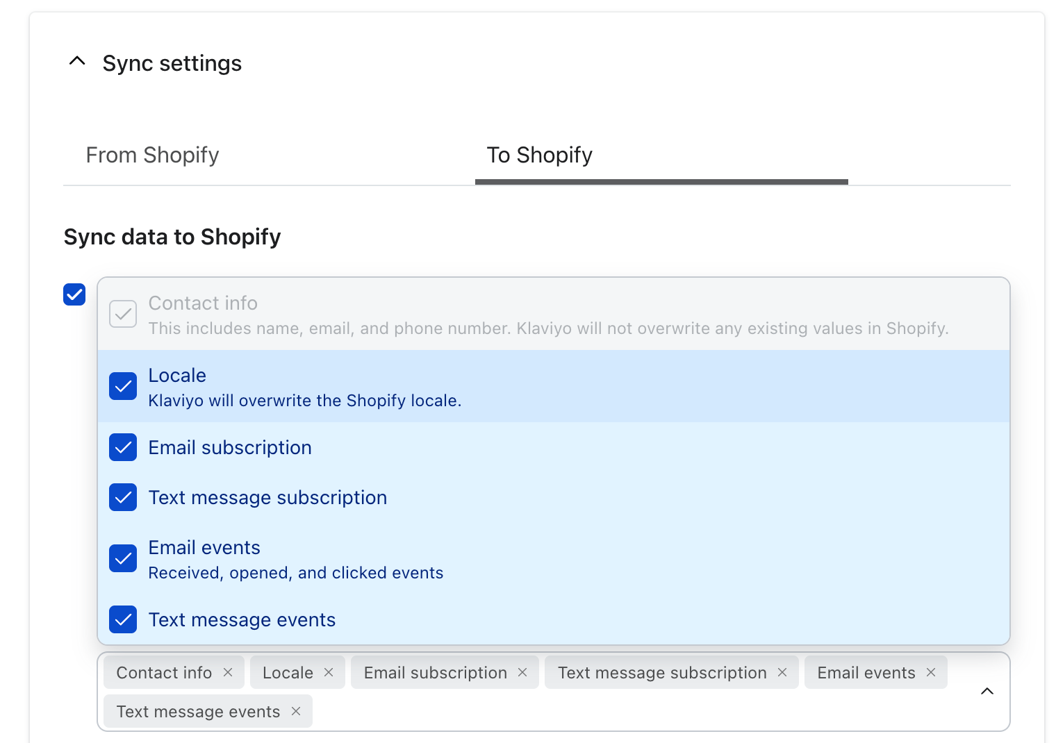 Synkroniseringsinställningar för Klaviyo till Shopify, med språkvariant samt e-post-/textprenumerationer och e-post-/texthändelser valda för synkronisering. Kontaktuppgifter är avmarkerade.