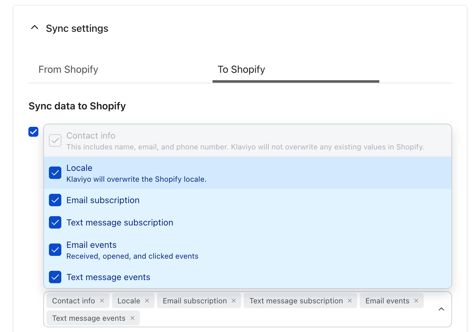 Ustawienia synchronizacji Klaviyo z Shopify z wybranymi do synchronizacji ustawieniami regionalnymi, subskrypcjami e-mail/wiadomości tekstowych oraz zdarzeniami e-mail/wiadomości tekstowych. Odznaczono informacje kontaktowe.