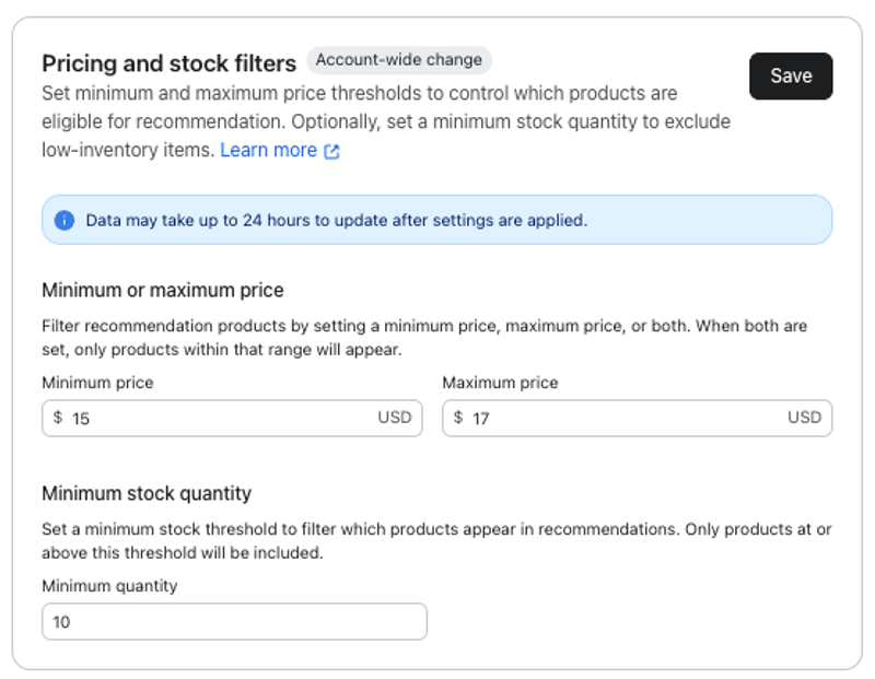 A user interface for setting product filters based on price and stock, with minimum price set to $15, maximum price to $17, and minimum stock quantity to 10.