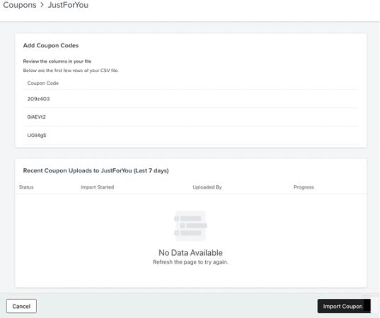The review page that appears after you upload a CSV file where you can review the first few coupon codes added.