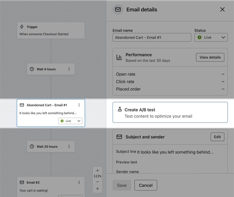 Create A/B test button in the Email details panel