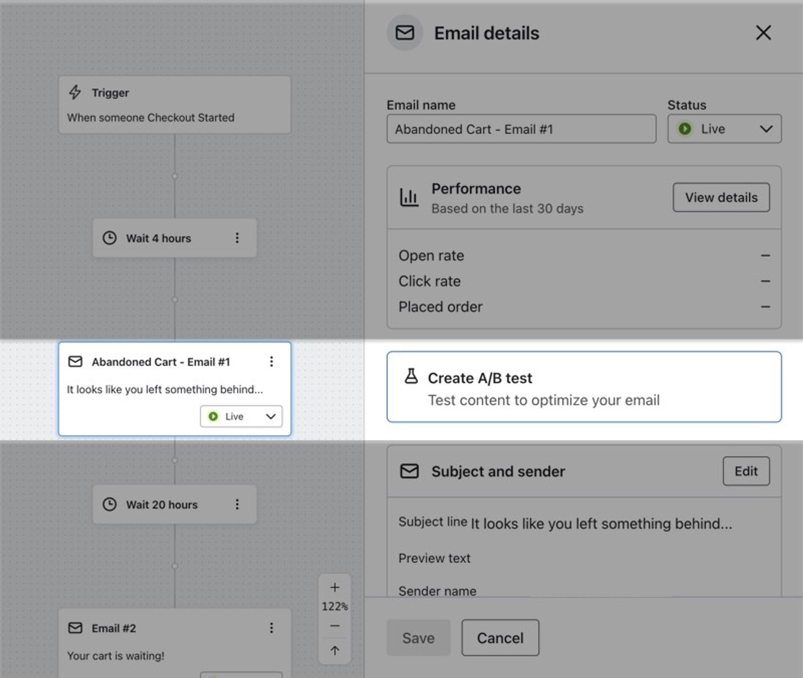 Create A/B test button in the Email details panel