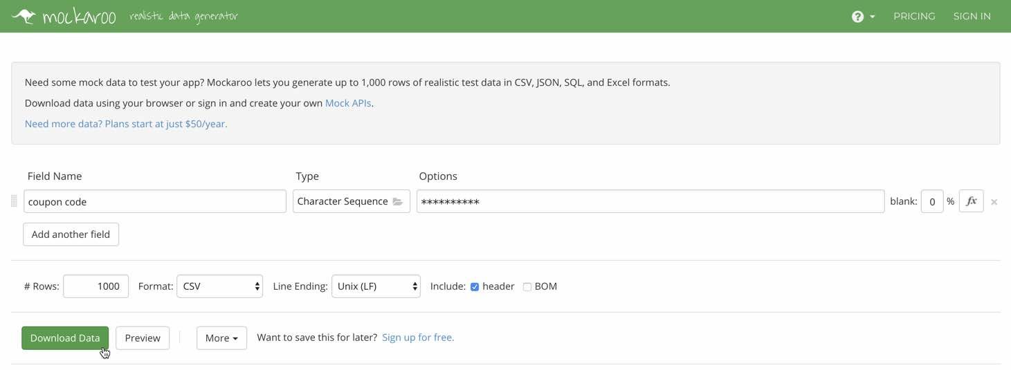 A page on mockaroo.com with a new field added and the type set to character sequence, with ten astrix in the options field.