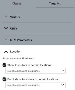 The Targeting by location section within the Targeting menu showing the options to Show to visitors in certain locations and Don't show to visitors in certain locations both checked off.