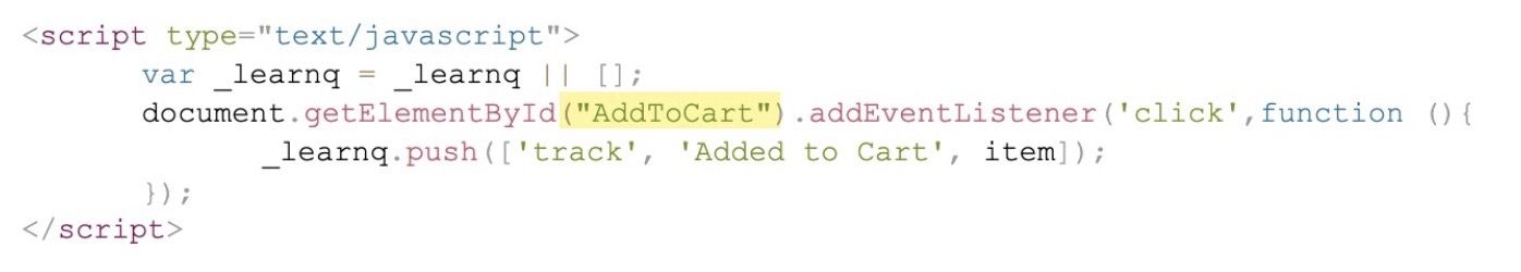 Extrait du code Added to Cart de Klaviyo avec l’identifiant du bouton Add to Cart surligné en jaune