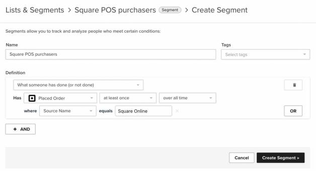 Klaviyo segment builder with segment Square POS purchasers